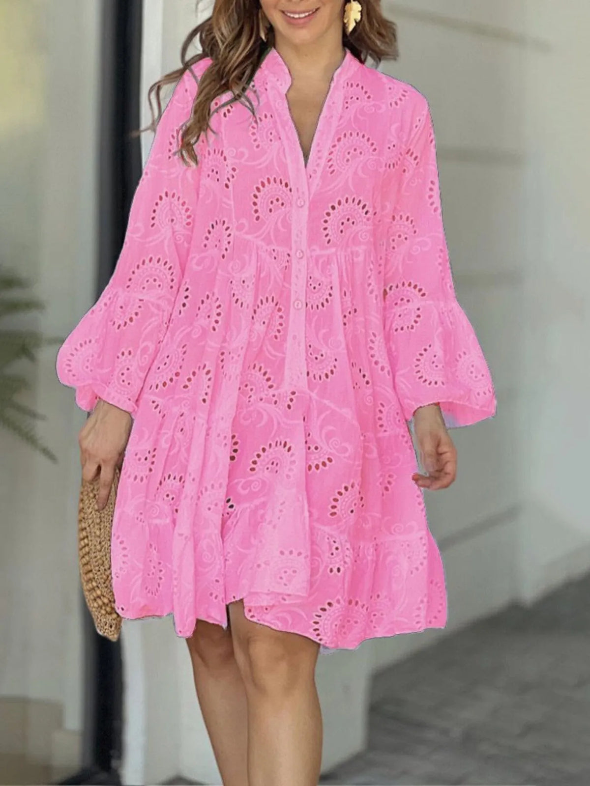 Plus size full-length eyelet ruffled hem tiered dress by Trendsi, featuring a flowing silhouette and detailed tiered design.