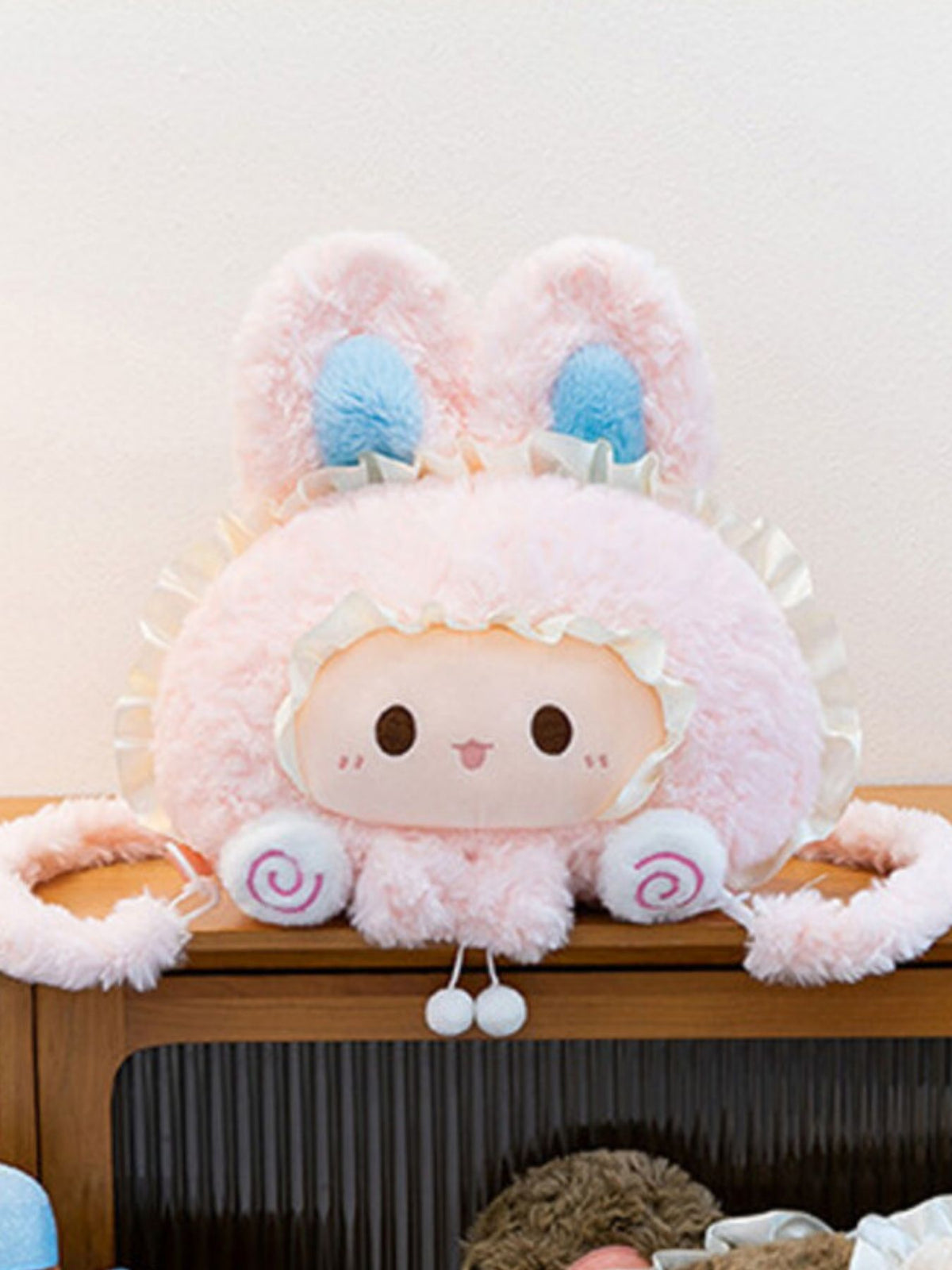 Whimsical soft woolen plush bunny backpack by Plush Fashion Hub featuring a cute bunny face and playful design for kids and teens.