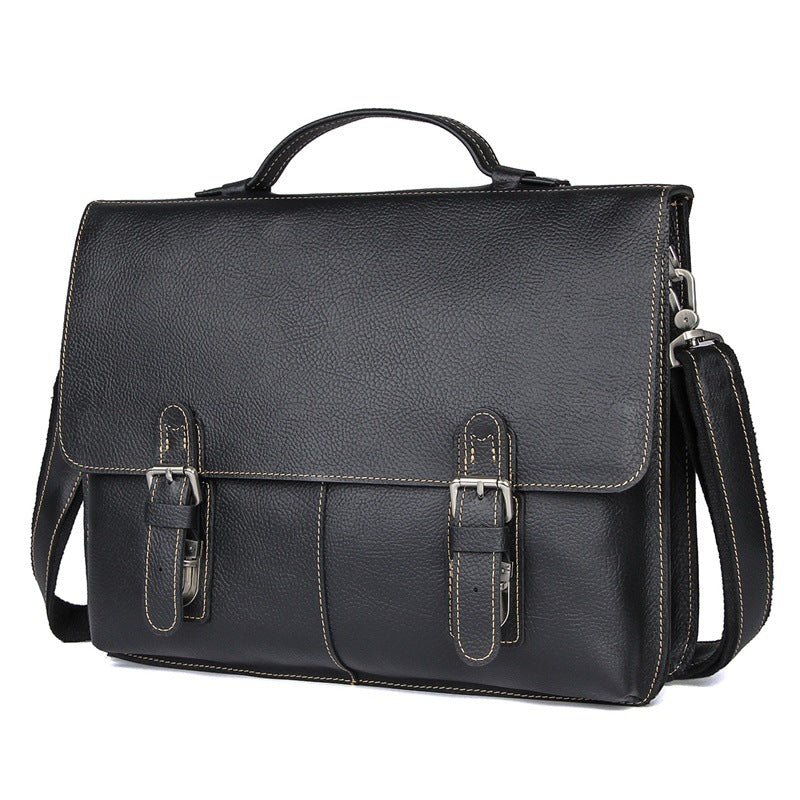 Men's retro casual leather business briefcase by Pi-Mart with sturdy handles and multiple compartments, ideal for professional use.
