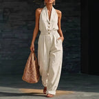 Women's knitted V-neck slim-fit cropped jumpsuit in casualwear style, featuring a comfortable fit and stylish design.