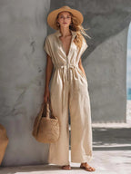 Casual FitiqueFit Retro Resort V-Neck jumpsuit with drop shoulder and loose fit, featuring a vintage-inspired design and relaxed style.