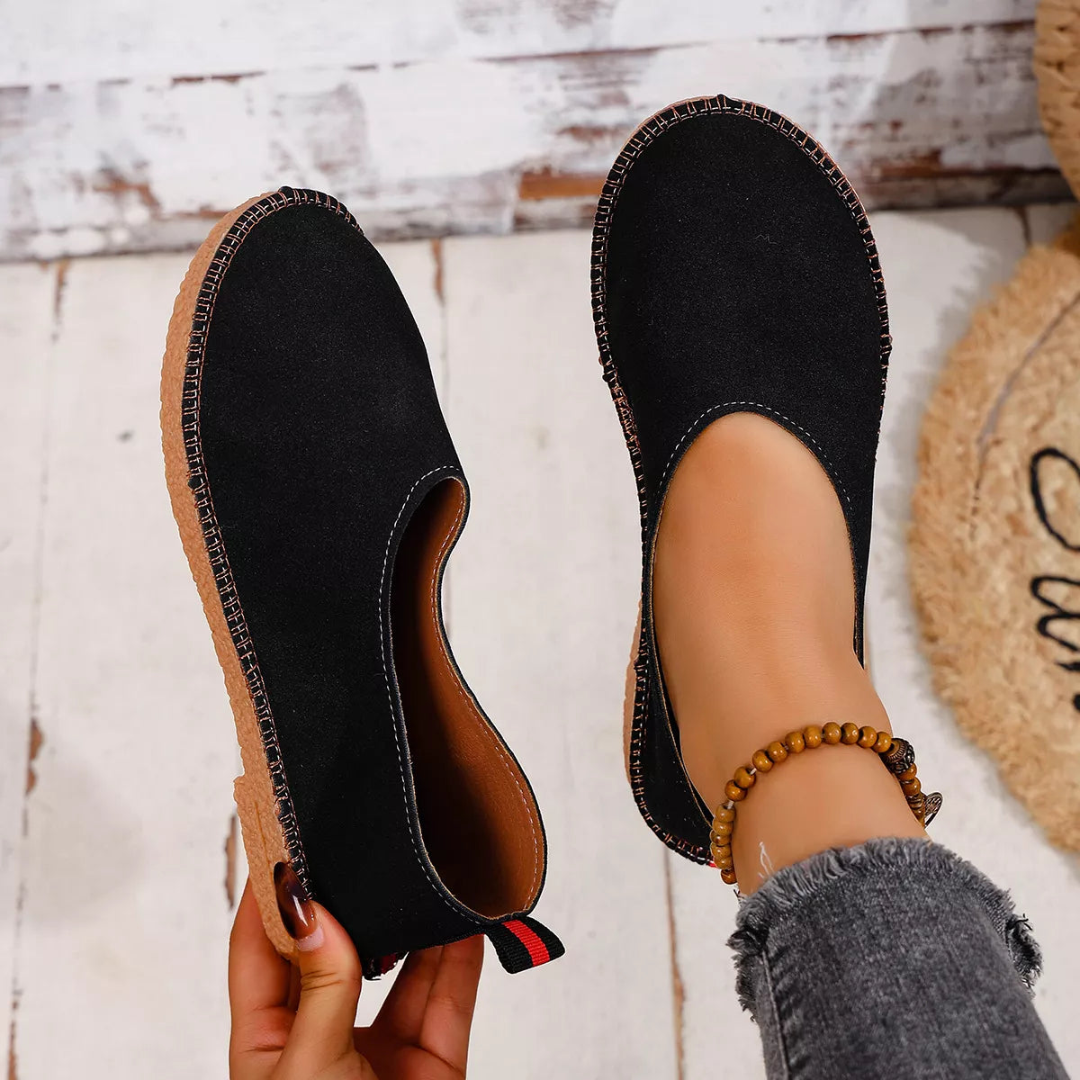 Round toe slip-on flats by Plush Fashion Hub, featuring a sleek design and comfortable fit, perfect for casual or office wear.