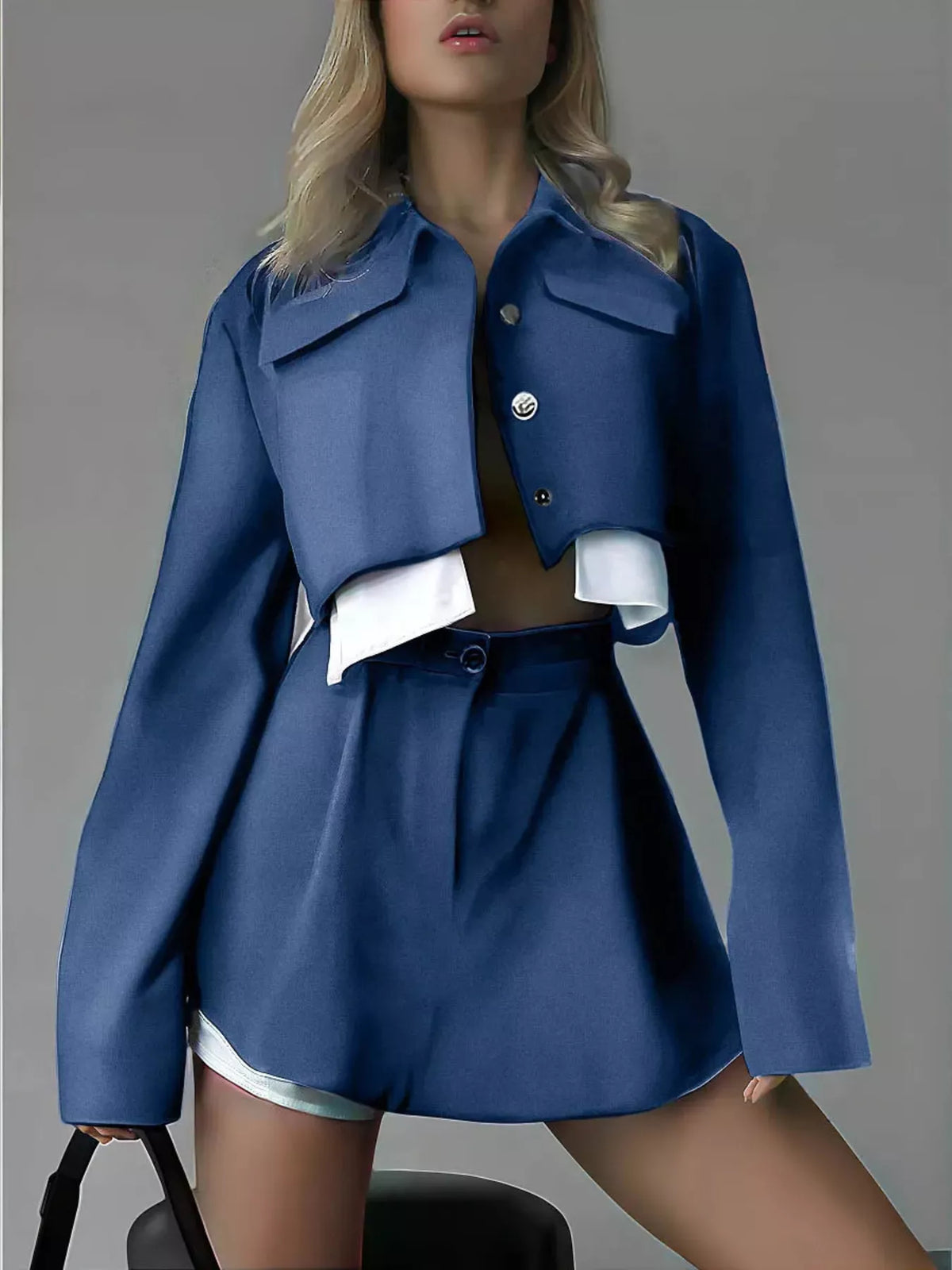 Trendsi button-up cropped jacket and mini skirt set, stylish matching skirt and jacket ensemble with button details and fitted design.