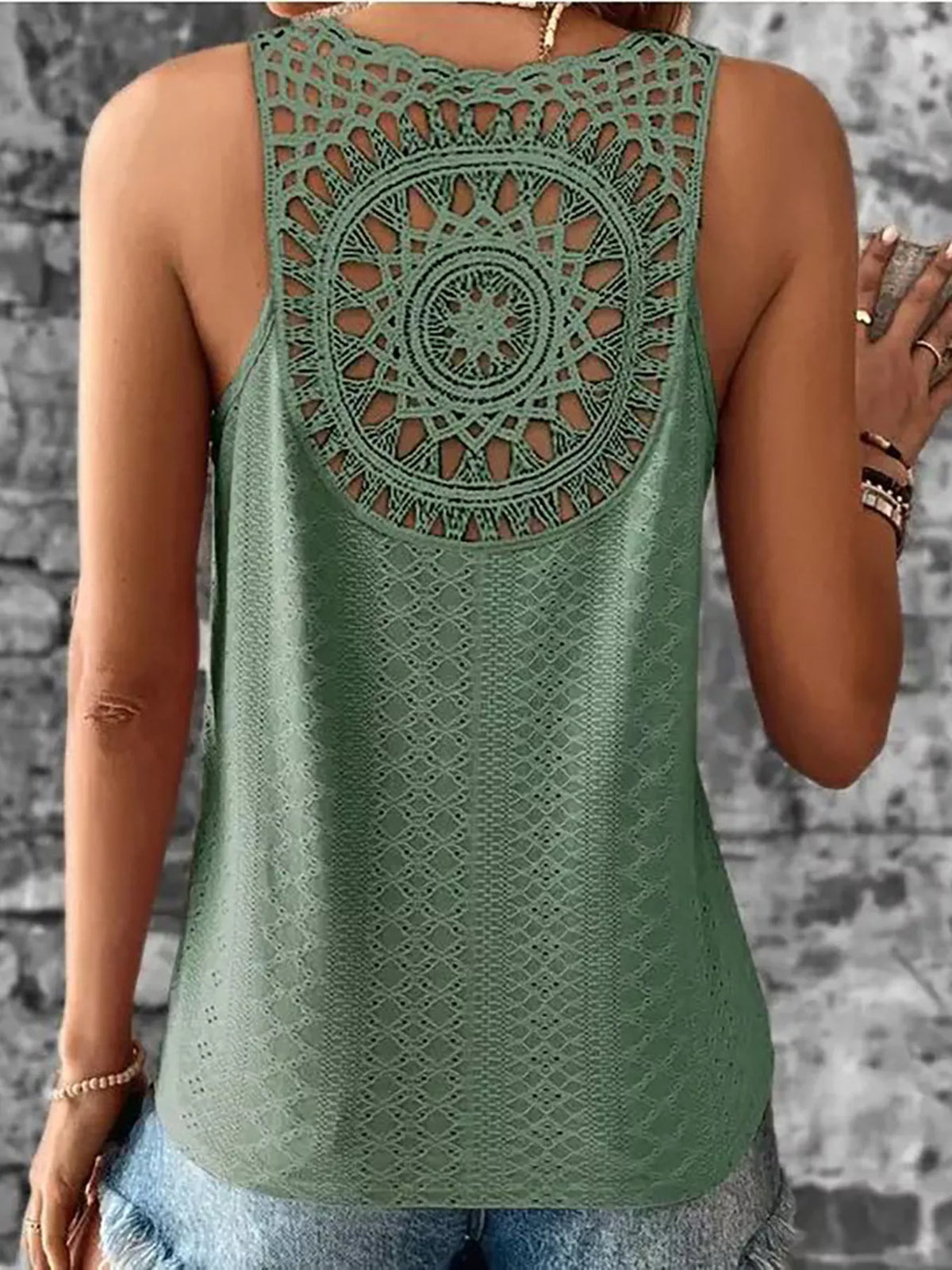 Plush Fashion Hub eyelet lace trim V-neck tank top with sleeveless design and soft fabric, perfect for casual summer wear.