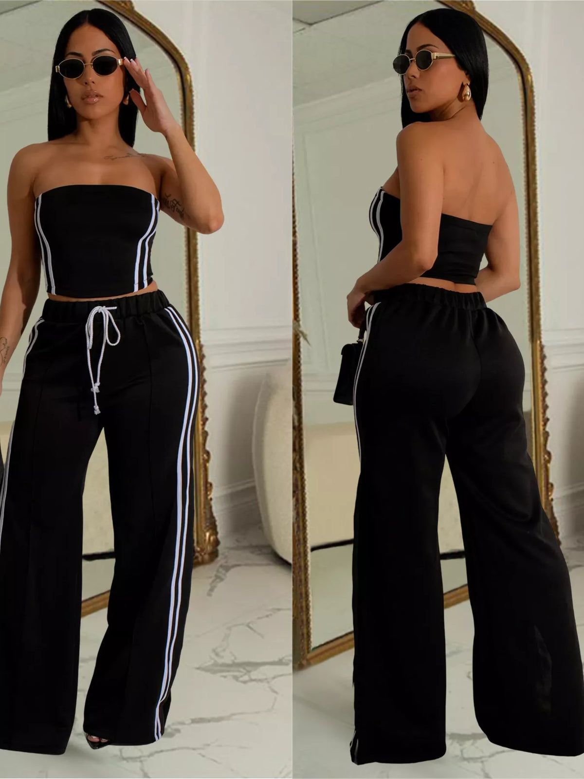 Plush Fashion Hub sleeveless tube top and wide-leg pants set, casual outfit with fitted tube top and flowing wide-leg pants.