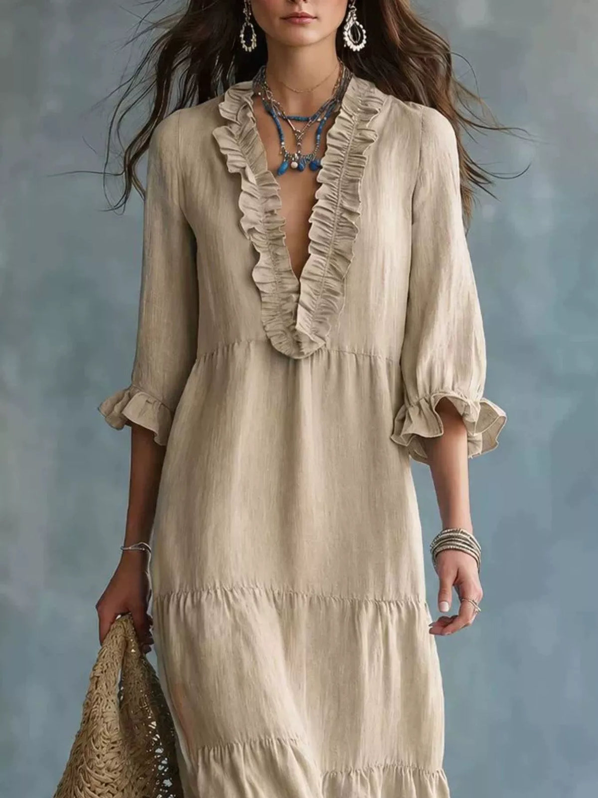 Ruffled V-neck tiered maxi dress from Trendsi featuring flowing fabric and layered design, perfect for elegant summer occasions.