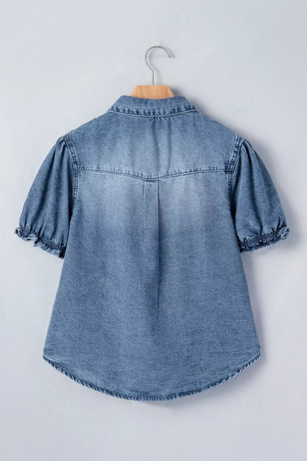 Plush Fashion Hub frilled short sleeve denim shirt with snap buttons, stylish casual top with decorative frills and classic denim fabric