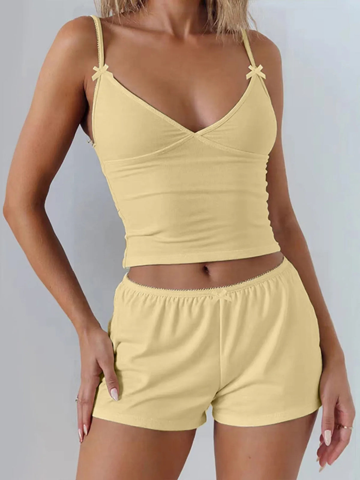 Plush Fashion Hub plush v-neck active wear cami and shorts set, soft fabric, casual fit, suitable for workout and lounging.