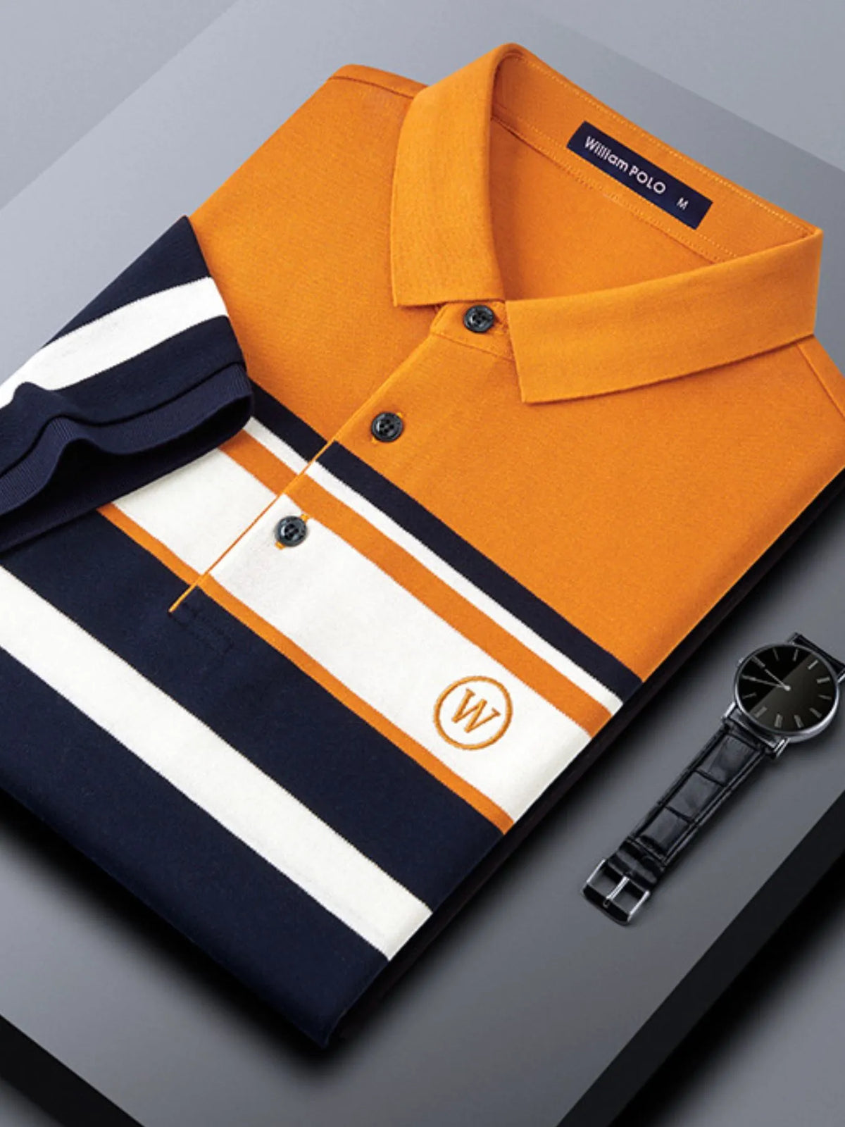 Men's plus size color block striped polo shirt with short sleeves from Trendsi, featuring bold horizontal stripes and a classic collar.