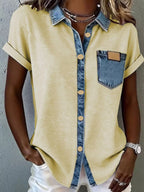 Denim trim short sleeve shirt from Trendsi, casual tops with button-up front and stylish denim accents.