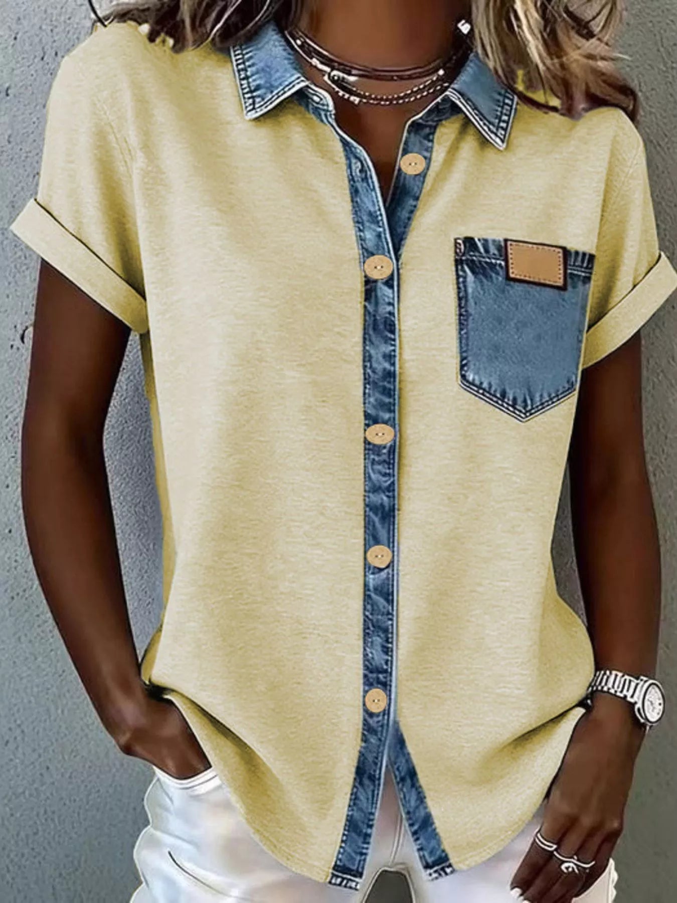 Denim trim short sleeve shirt from Trendsi, casual tops with button-up front and stylish denim accents.