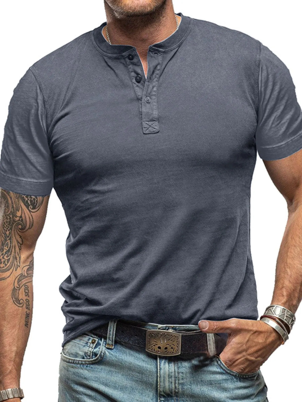 Men's classic Henley short sleeve polo shirt by Trendsi, featuring a buttoned collar and casual fit, shown in a neutral color.