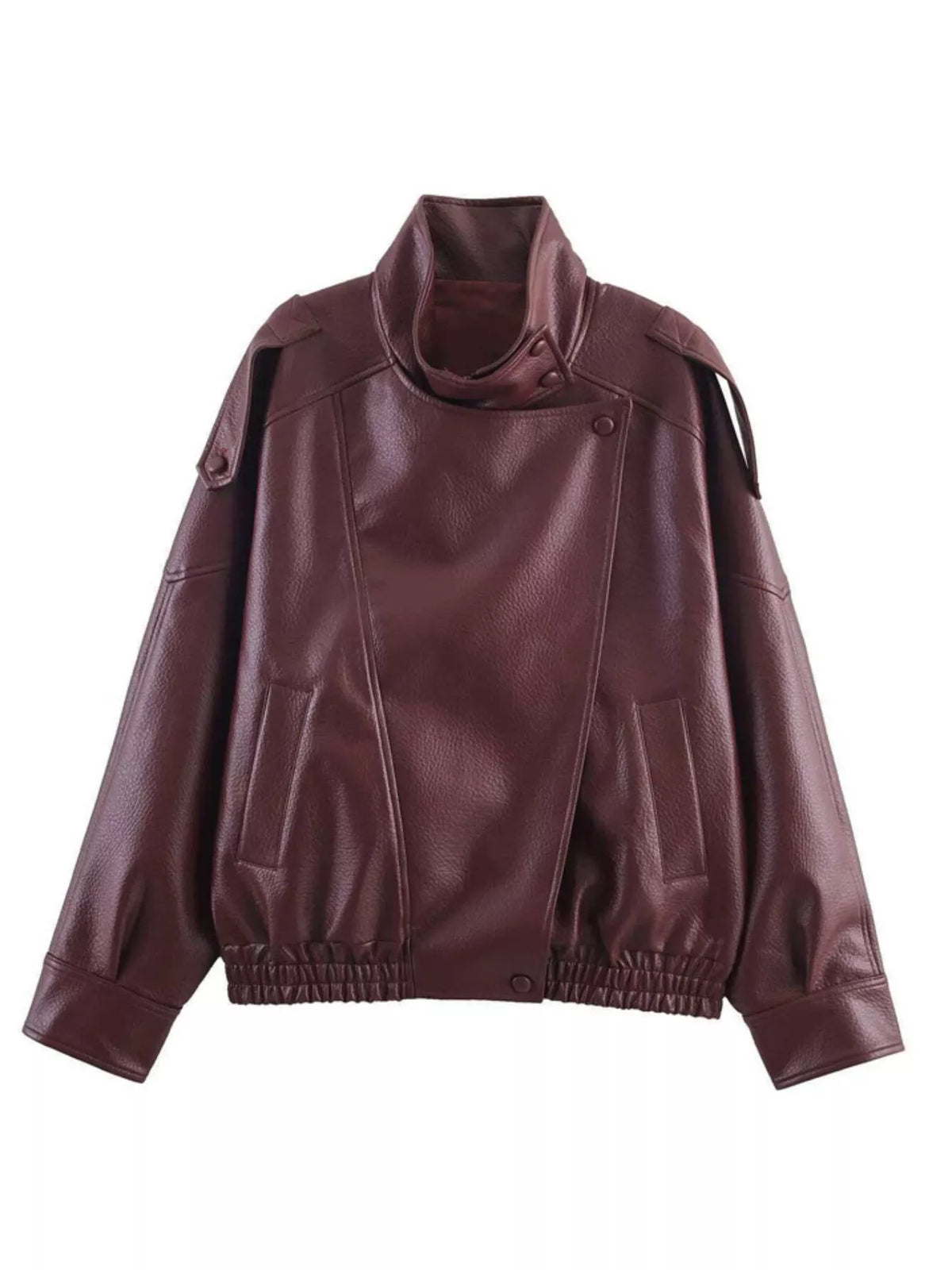 Trendsi women's asymmetrical faux leather moto jacket with modern style and slim fit, featuring a sleek design and zipped details.