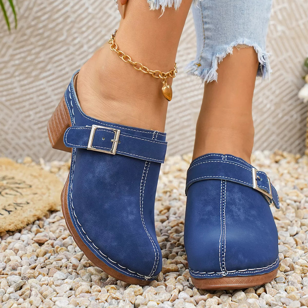 Plush Fashion Hub round toe block heel sandals with stylish design and comfortable chunky heels on a neutral background.