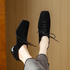 Women's retro plush fashion hub sheepskin square toe chunky heel pumps with lace-up mid heel, showcasing stylish footwear design.