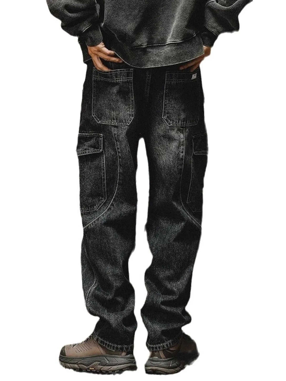 Men's washed wide leg cargo jeans by Plush Fashion Hub, showing relaxed fit with multiple cargo pockets and distressed denim detail.