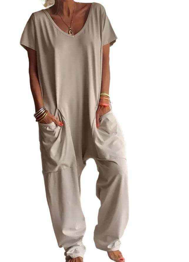 Womens Solid Color V-neck Oversized Pocket Jumpsuit