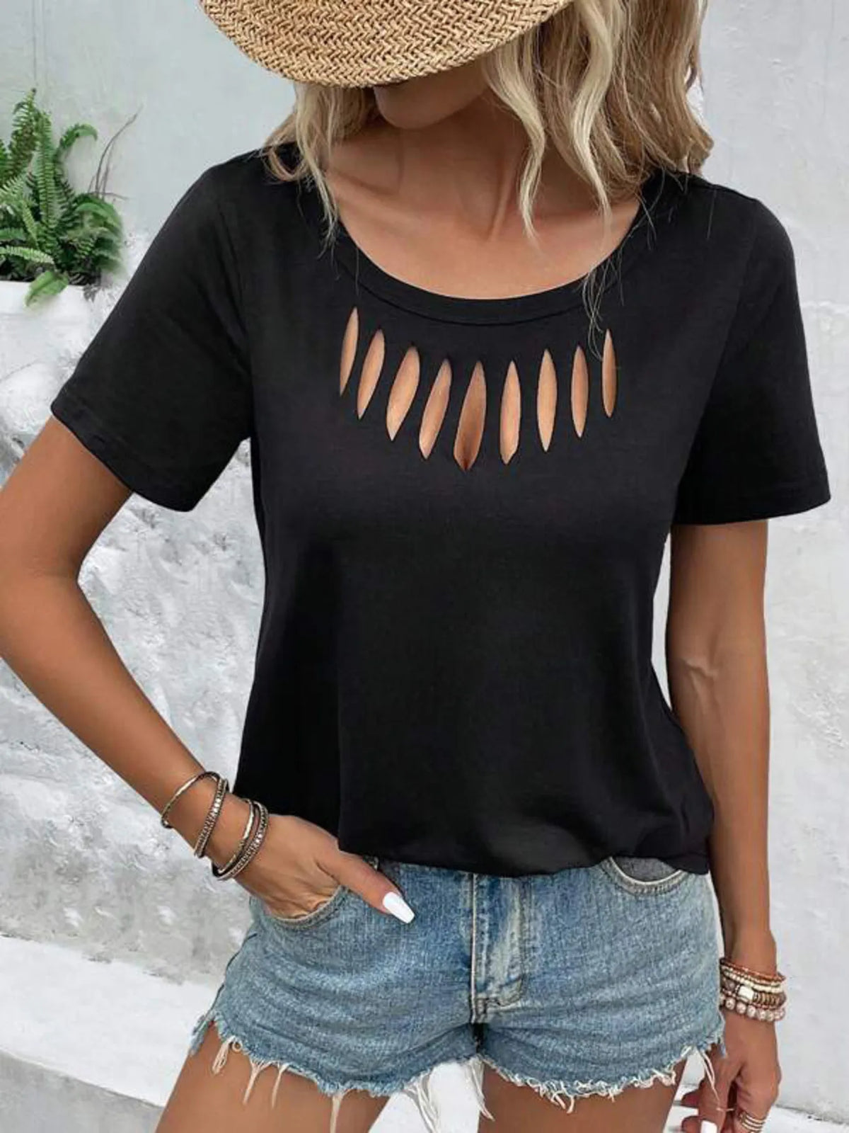 Plush Fashion Hub hollow out neckline short sleeve T-shirt with stylish cutout design, casual tops for women.