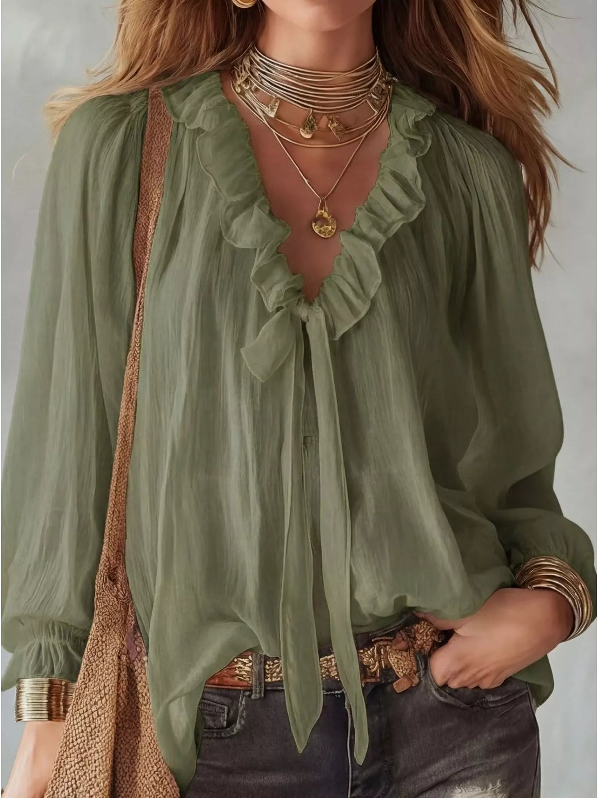 Plush Fashion Hub ruffle long sleeve blouse with delicate fabric, featuring ruffled cuffs and a feminine design on a model.