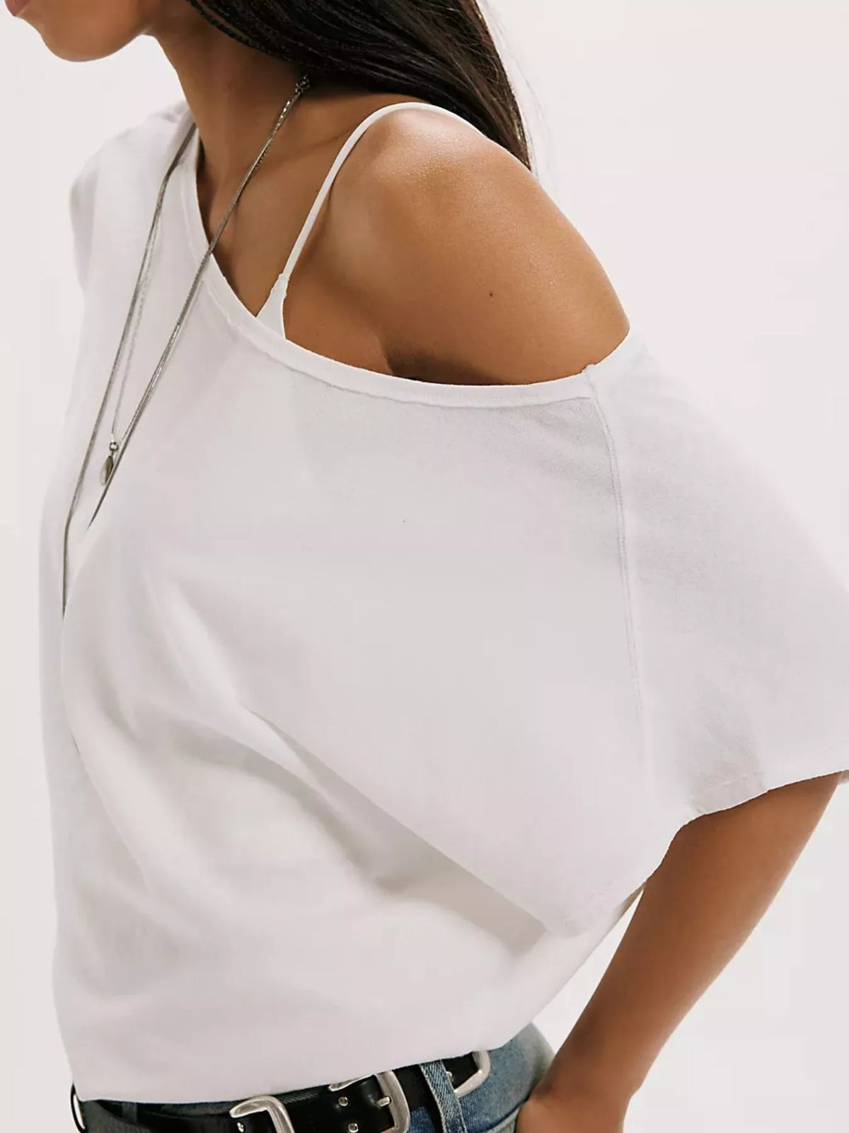 Solid color one-shoulder T-shirt from Plush Fashion Hub, casual tops with a stylish asymmetrical design and comfortable fit.