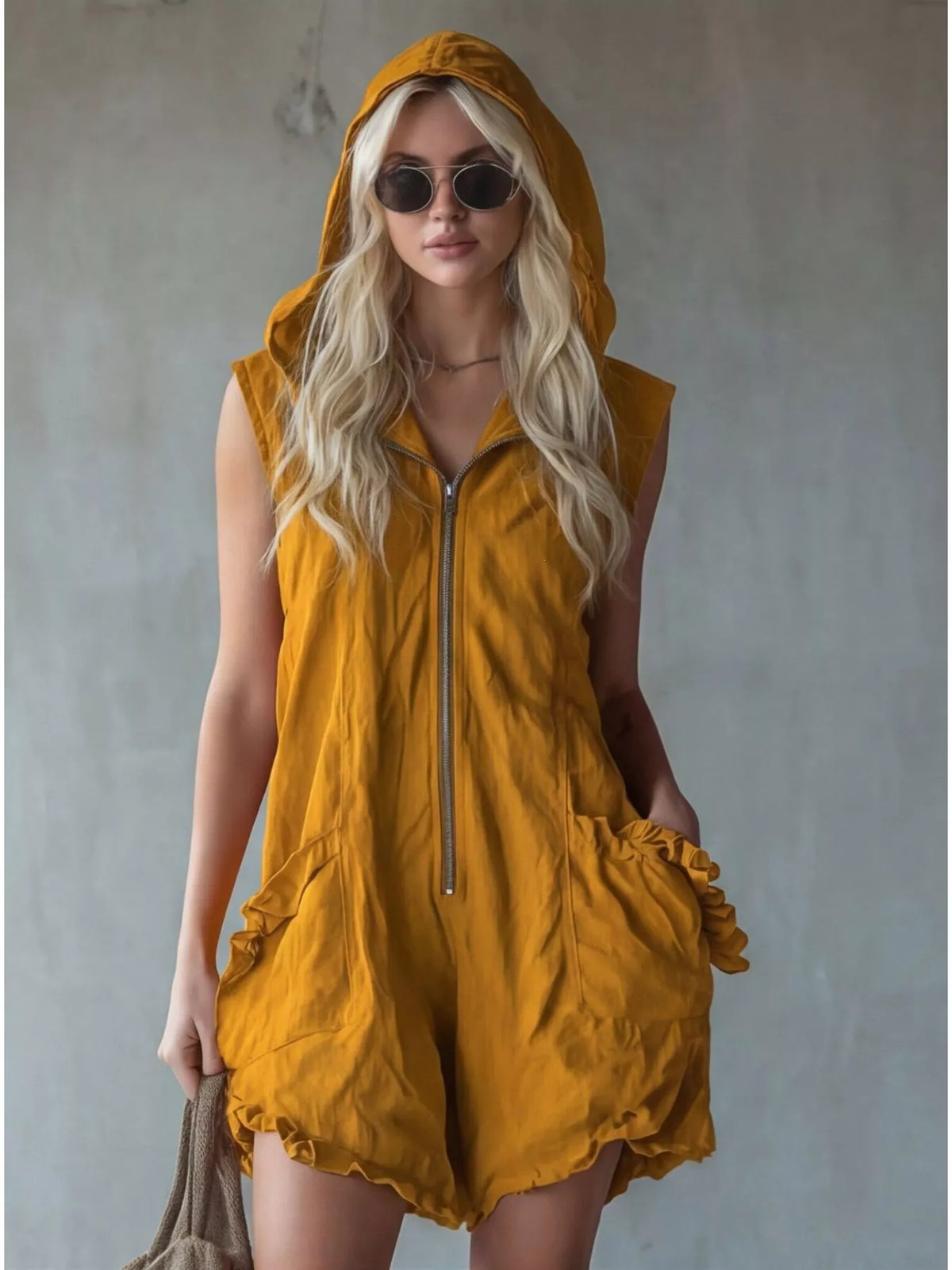 Plus size hooded sleeveless zipper romper with ruffled pockets from Plush Fashion Hub, shown in full view.