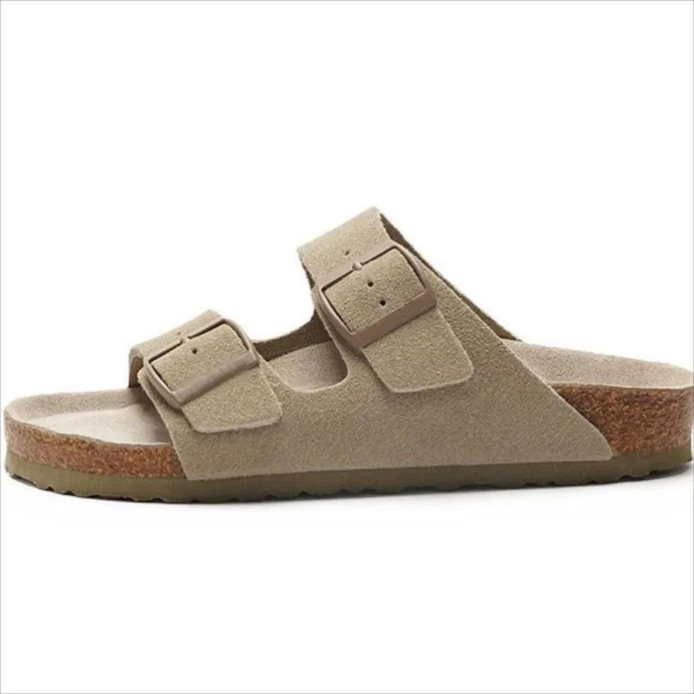 Plush Fashion Hub double buckle open toe sandals with stylish straps and open heel in a neutral color.