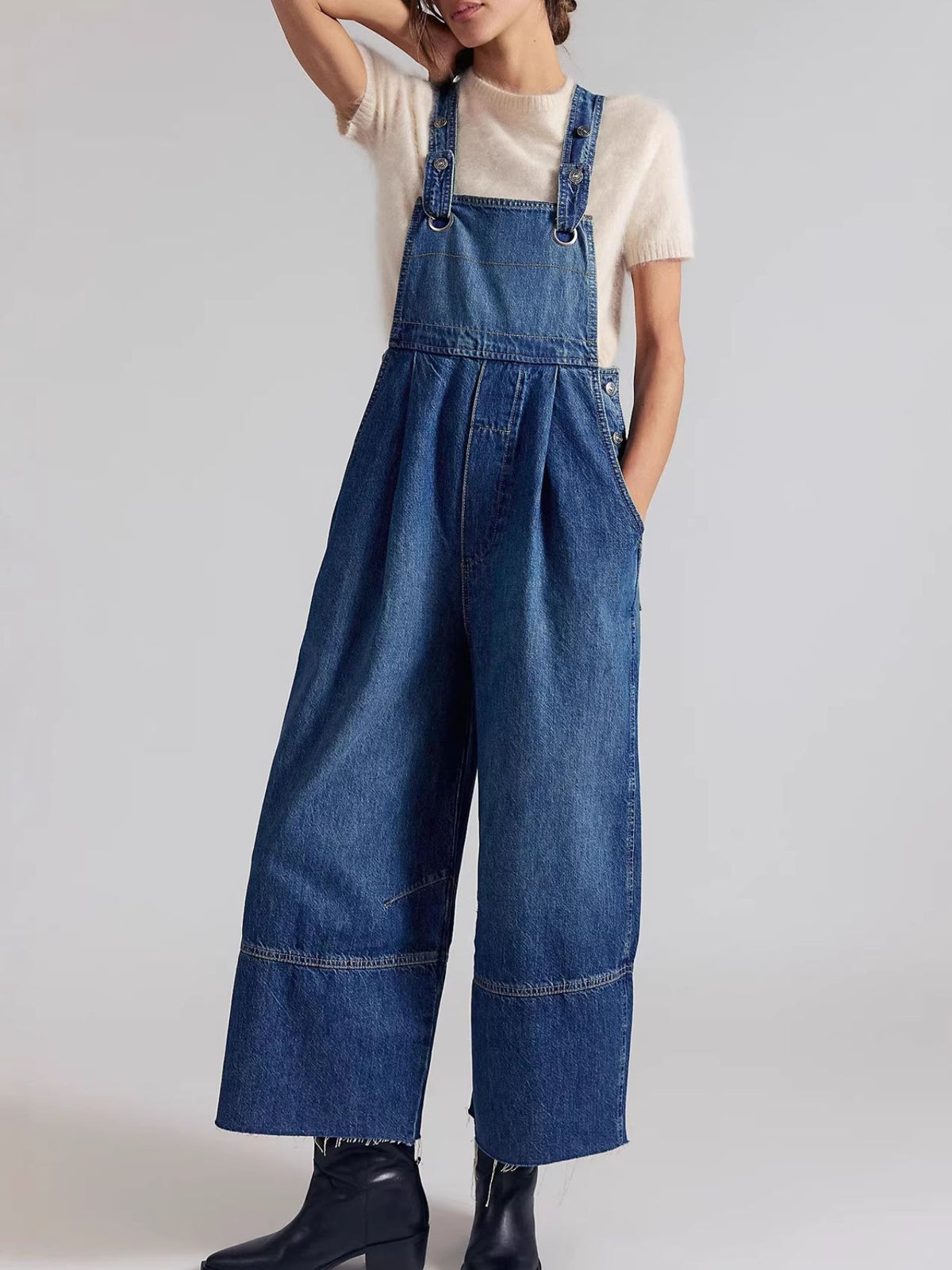 Lightweight casual denim jumpsuit with raw hem wide-leg design, stylish overalls by Plush Fashion Hub.