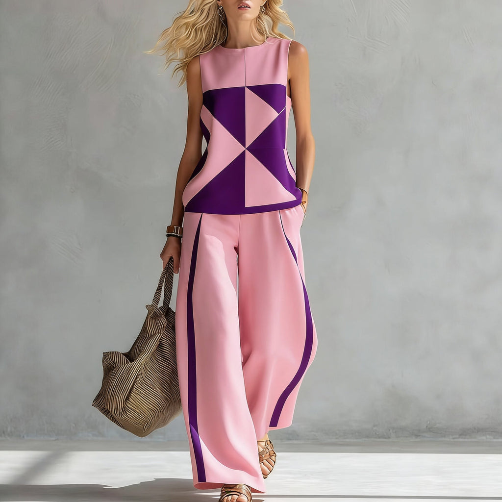 Women's sleeveless printed tank top and wide-leg pants two-piece casual set by Plush Fashion Hub, shown on model.