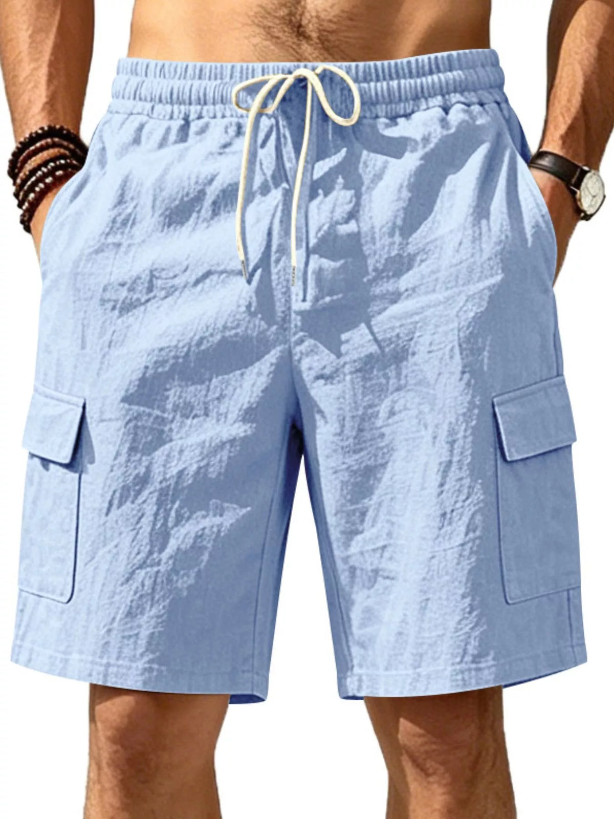 Men's plus size casual cargo shorts with drawstring waist from Plush Fashion Hub, featuring multiple pockets and comfortable fit.