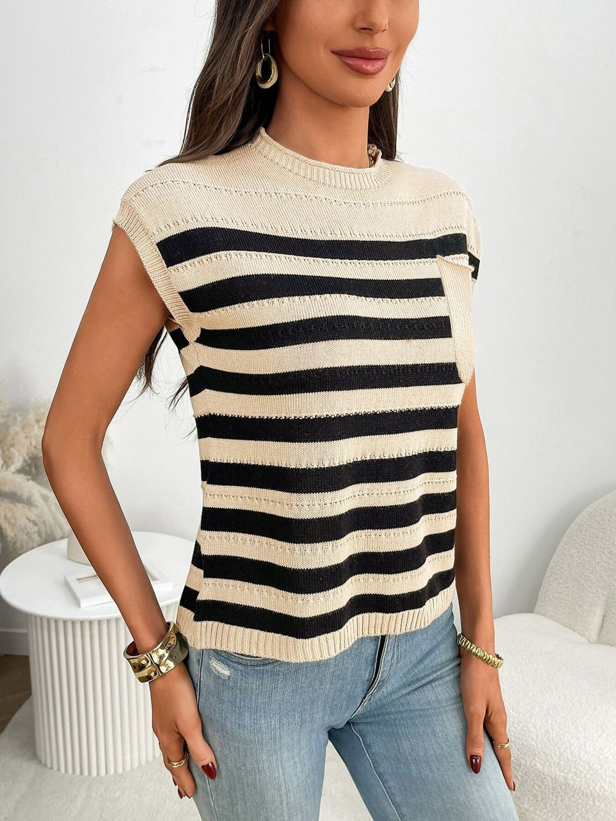 Women’s striped knit cap sleeve sweater with pocket detail, outerwear by Plush Fashion Hub, featuring a cozy, stylish design.