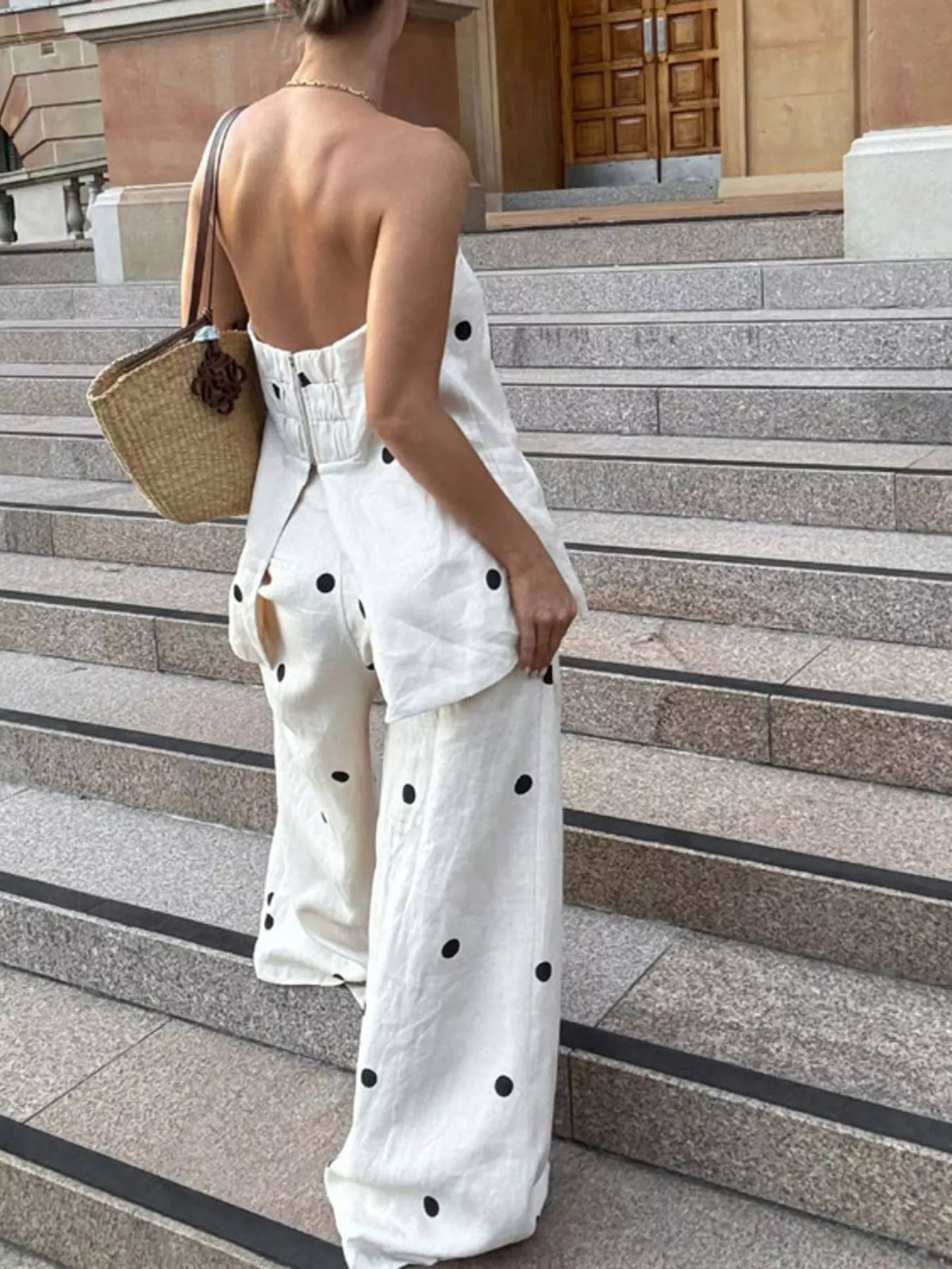 Polka dot tube top and matching pants set by Plush Fashion Hub, featuring a stylish, coordinated outfit with a trendy polka dot pattern.