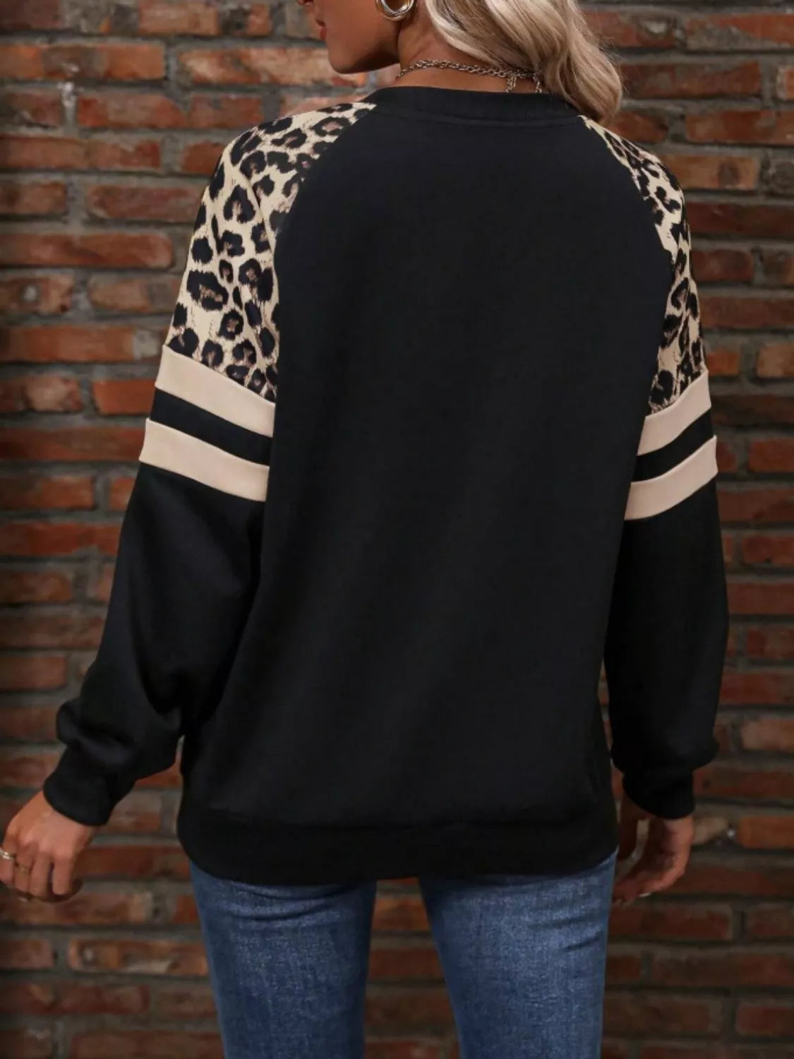 Leopard and striped raglan sleeve sweatshirt by Simply Love, featuring a cozy, casual design with leopard print accents.