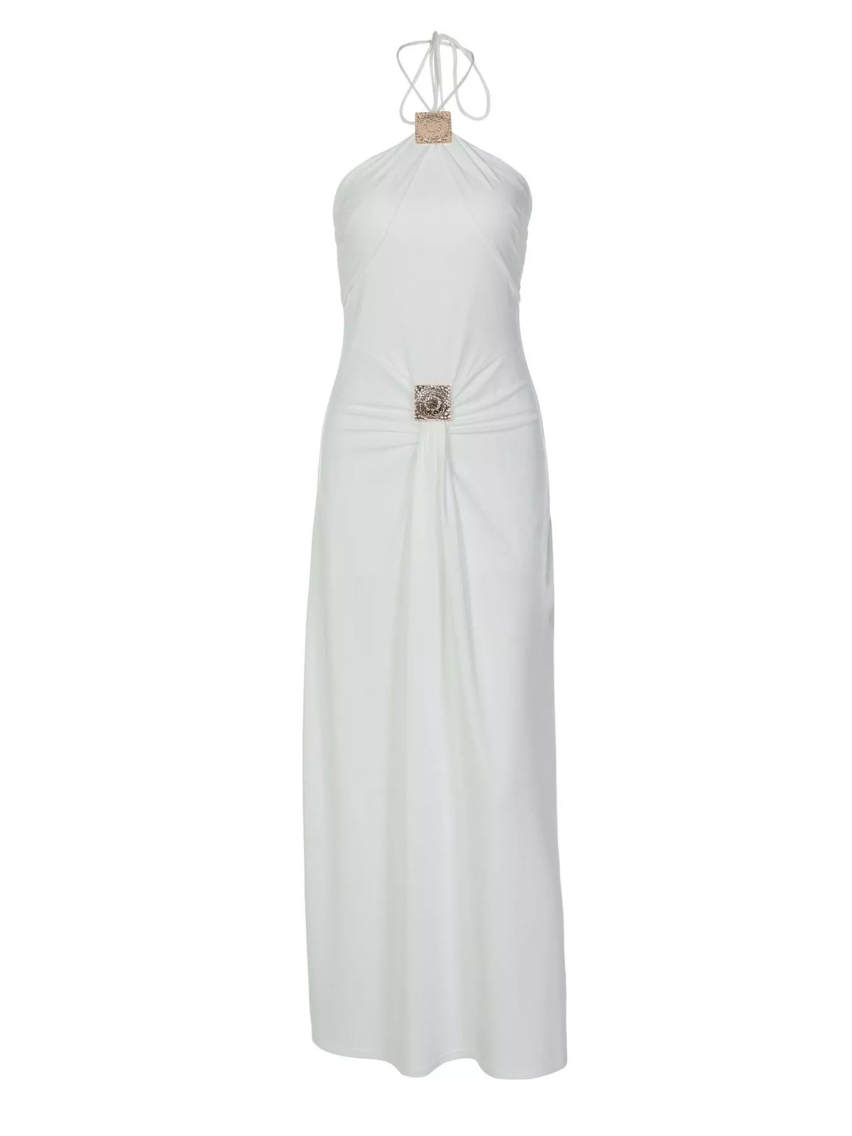 Plush Fashion Hub backless ruched halter neck maxi dress displayed on a hanger, showcasing its elegant design and flowing fabric.