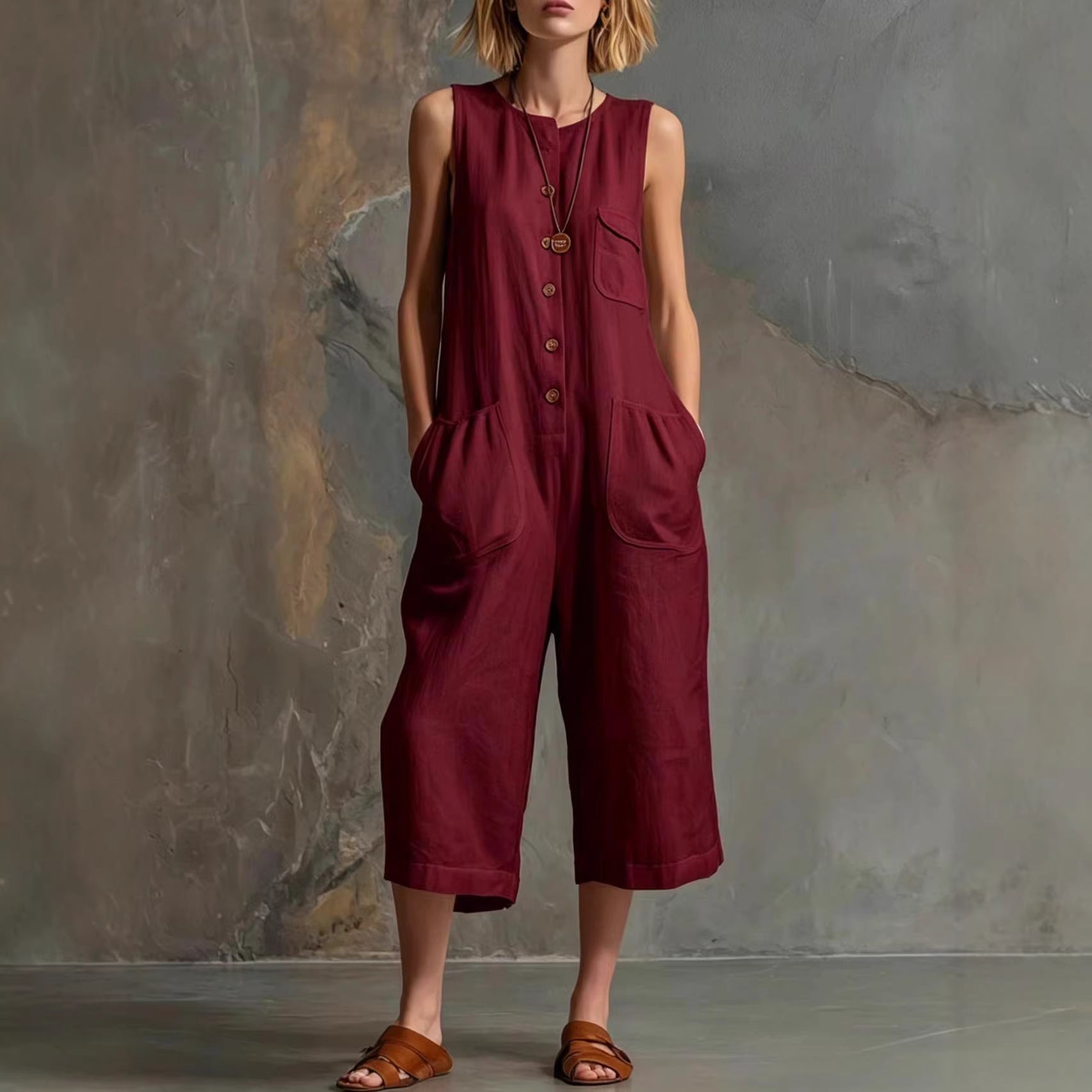 Women's retro sleeveless wide-leg cropped jumpsuit by FitiqueFit, casualwear style, featuring a relaxed fit and wide-leg design.