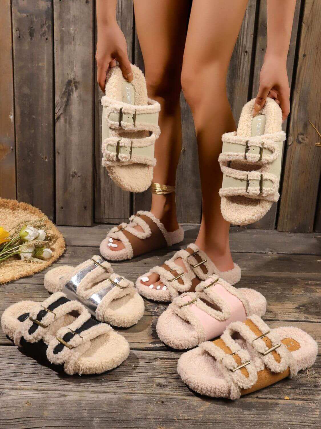 Fluffy Contrast Open Toe Slippers - Plush Fashion Shop #