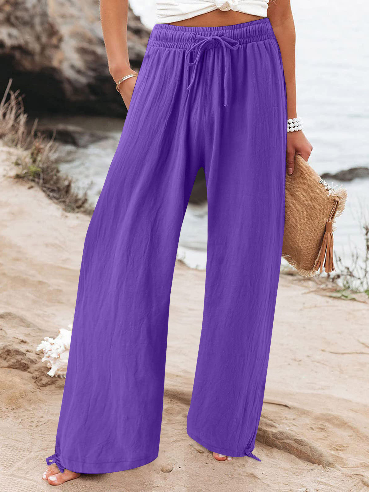Plus size full length drawstring wide leg pants from Trendsi, featuring a flowy silhouette and comfortable waistband.