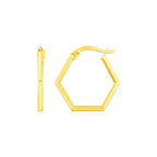 14K yellow gold hexagon-shaped hoop earrings with a smooth polished finish, showcasing a stylish geometric design.