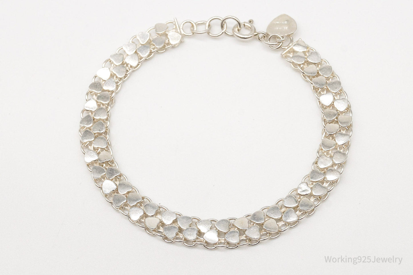 Vintage Hearts Mesh Chain Link Silver Bracelet Working 925 Jewelry
