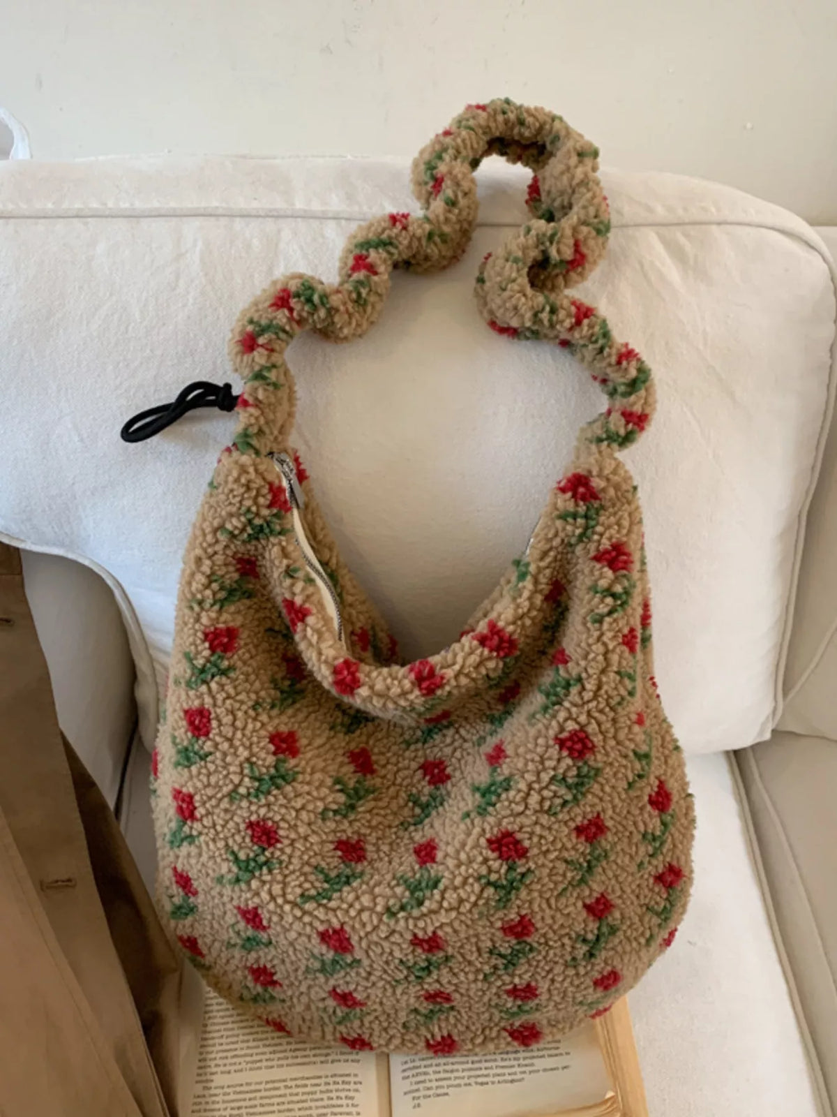 Plush Sherpa Ruched Strap Handbag by Plush Fashion Hub featuring soft textured fabric and a stylish ruched strap design.