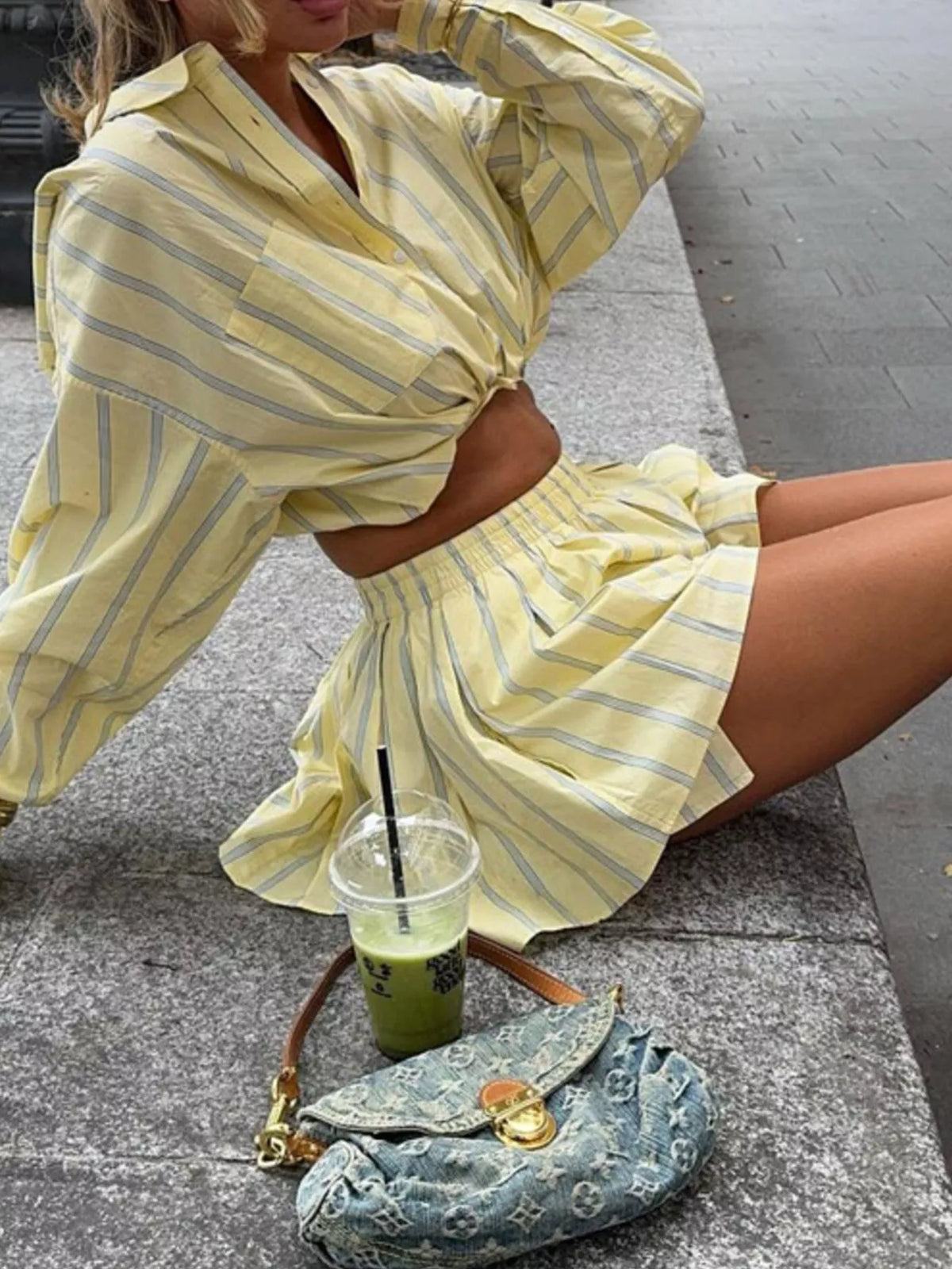 Striped button-up shirt and shorts loungewear set by Plush Fashion Hub, casual comfortable clothing for relaxed wear.