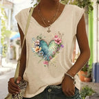 FitiqueFit short sleeve casual T-shirt with floral heart print, summer summer casualwear top, lightweight and comfortable.