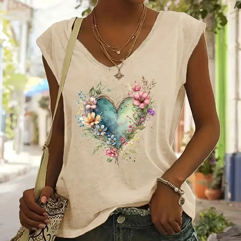 FitiqueFit short sleeve casual T-shirt with floral heart print, summer summer casualwear top, lightweight and comfortable.