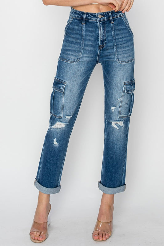 Women's Full Size High Rise Cargo Ankle Roll Up Straight Jeans