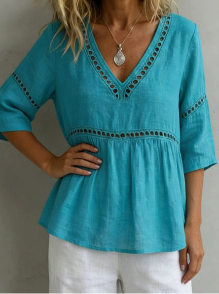 Women's V-neck hollow-out fringe cotton-linen top by FitiqueFit, featuring a casual V-neck design with fringe and hollow-out details.