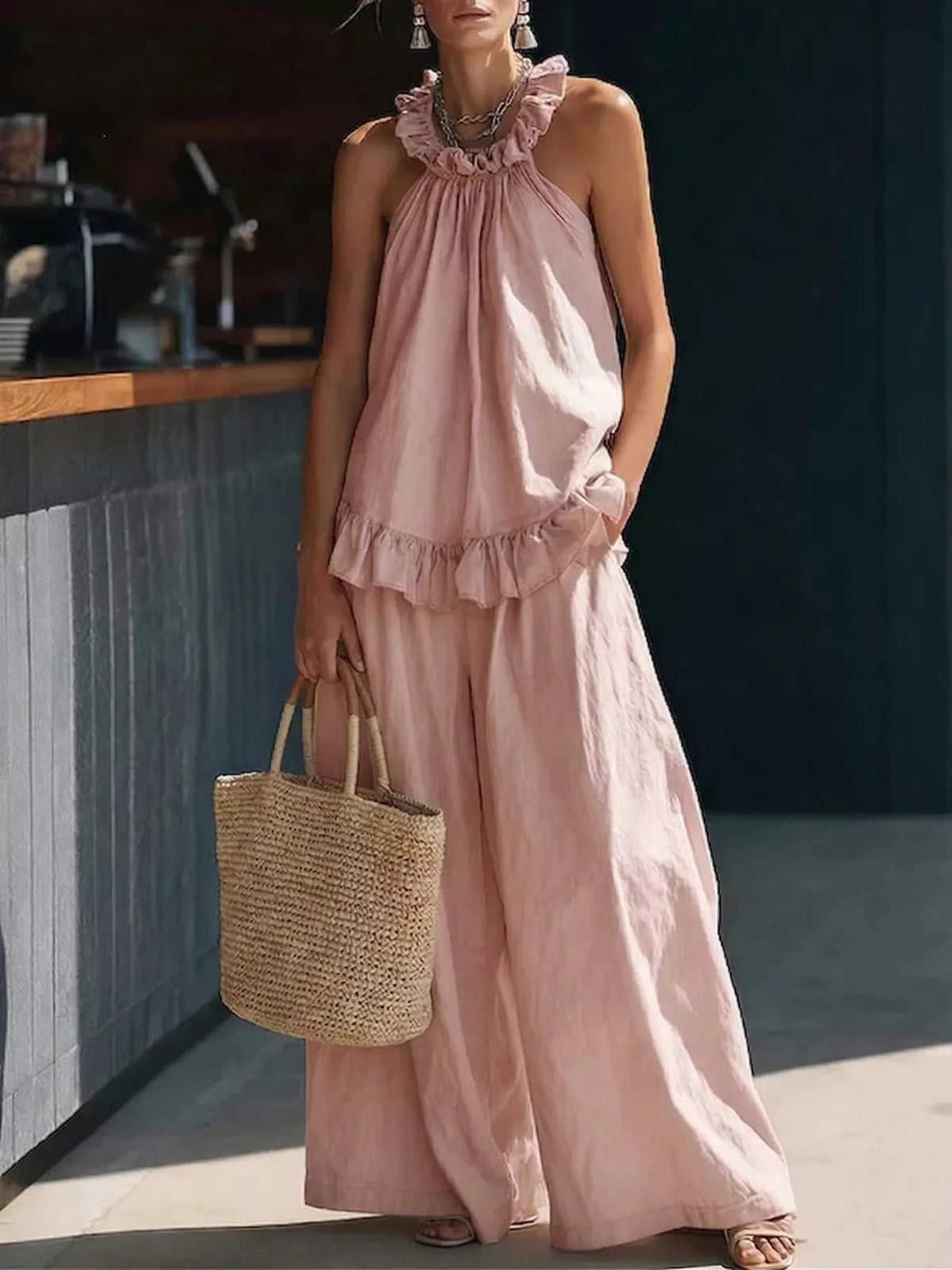 Plus size ruffled halter neck top and wide-leg pants matching set by Plush Fashion Hub, casual stylish outfit for warm weather