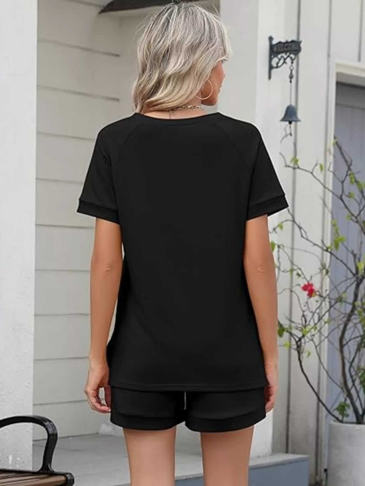 Solid color short sleeve top and shorts two-piece set from Plush Fashion Hub, casual summer apparel for women.