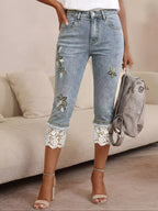 Lace trimmed Capri jeans by Shopimist featuring classic denim with delicate lace accents at the hem.