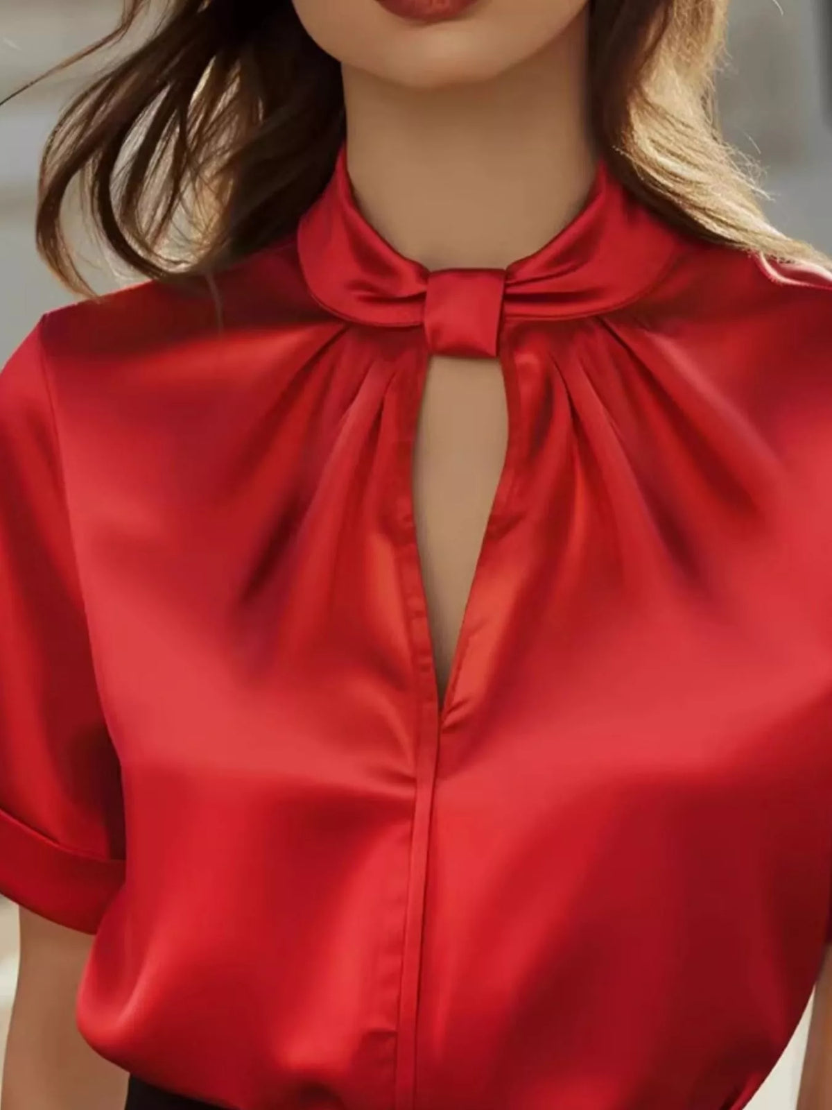 Plush Fashion Hub satin keyhole short sleeve blouse in elegant design, featuring a stylish keyhole neckline and smooth satin fabric.