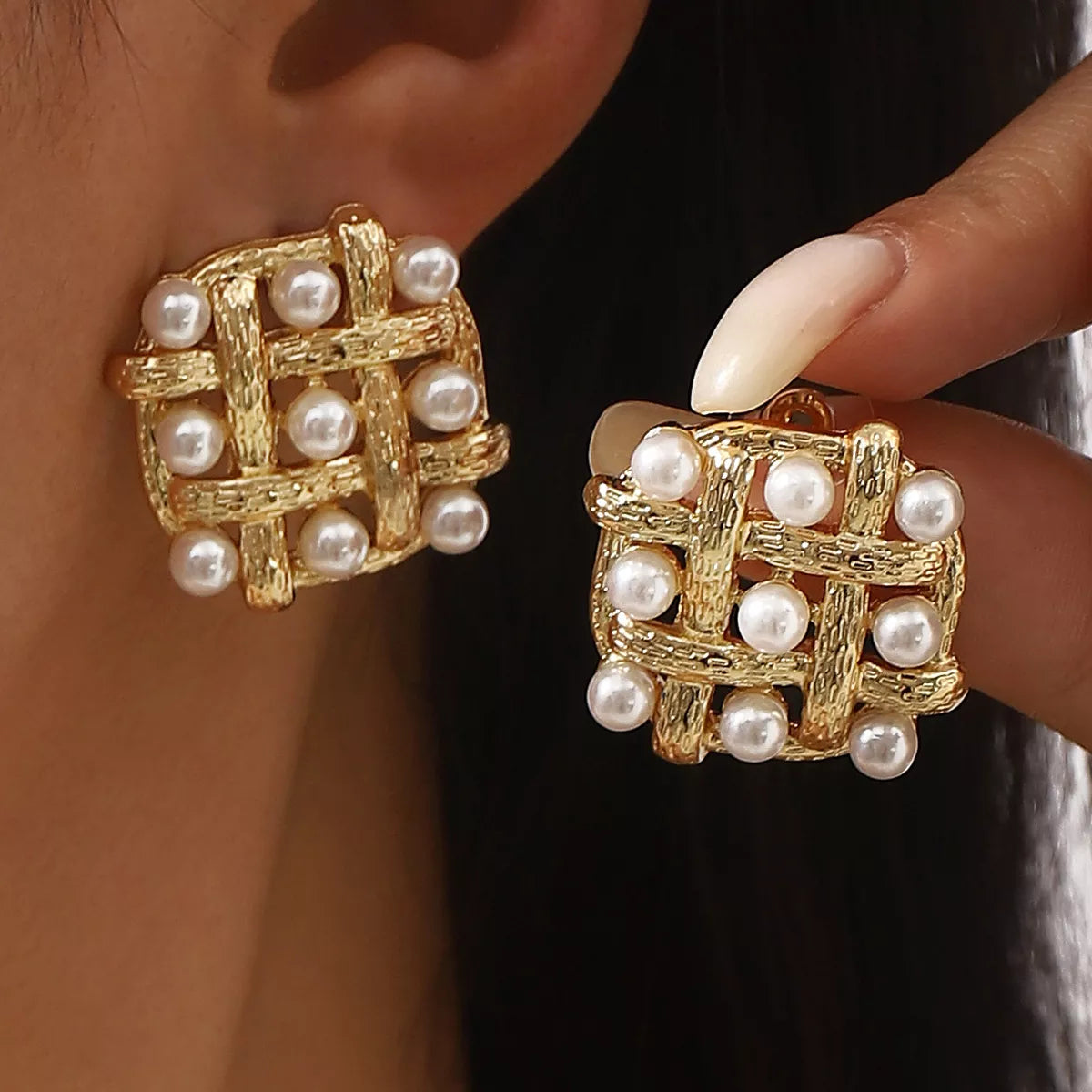 Pearl Grid Square Stud Earrings by Plush Fashion Hub featuring elegant square design with lustrous pearls.