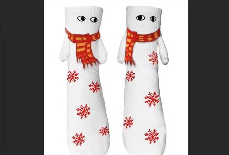 Couple Magnetic Handle Cute Hand Socks with Christmas design and red snowflakes.